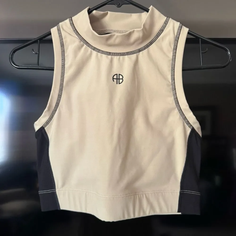 Anine Bing Jenna Sports Bra Tan Black Mock High Neck Sporty New Size Large